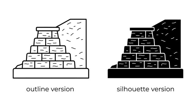 Geometric Stacked Stone Structure: A detailed line drawing and silhouette representation of a stepped stone structure, possibly a retaining wall or an ancient architectural element.