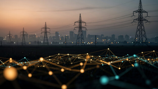 Abstract glowing network nodes connecting over transmission towers and city skyline at dusk, concept for smart grid, energy infrastructure and digital communication