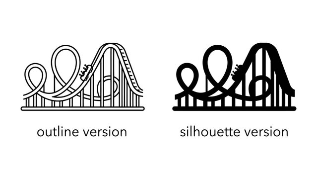 Roller Coaster Outline and Silhouette: Two contrasting depictions of a thrilling roller coaster, one as a clear outline and the other as a solid silhouette.