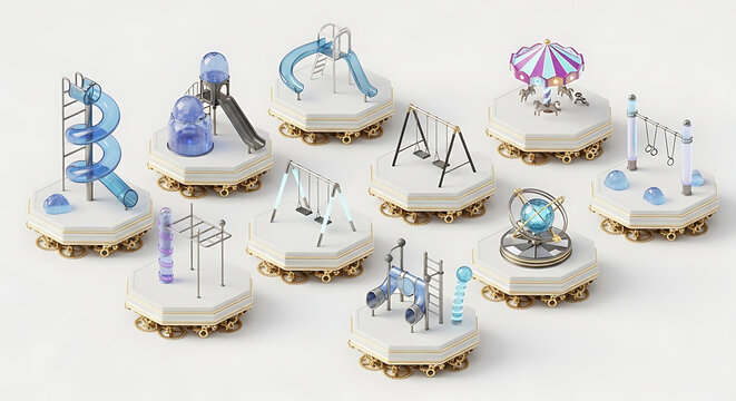 A futuristic isometric steampunk playground collection with a slide swings and carousels on mechanical gear platforms for creative design