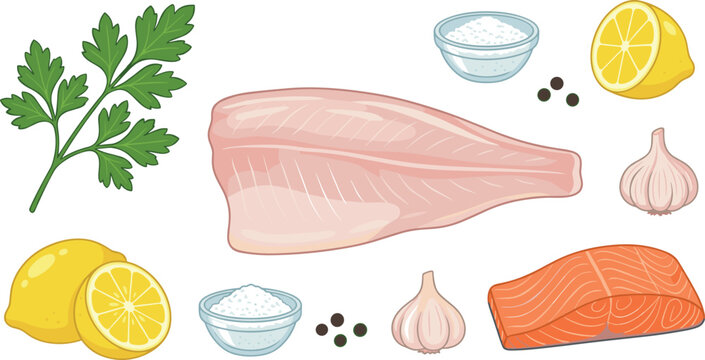 Flat vector design of raw fish fillets and healthy cooking seasoning elements lemon garlic parsley and salt