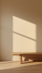Fototapeta premium Minimalist beige interior with empty wooden bench and soft window shadow