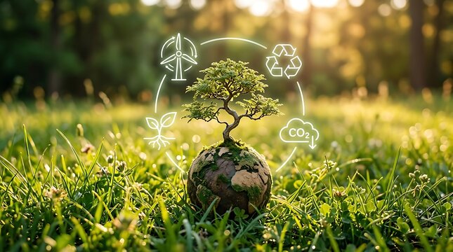Small tree growing on globe with eco friendly energy icons in sunny green meadow