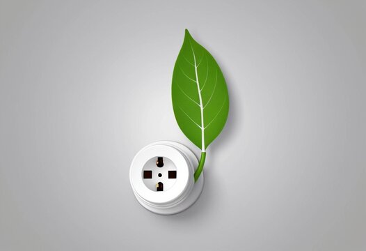 Green Leaf Growing Out of Electrical Socket Plug - Energy, Nature, and Sustainability Concept