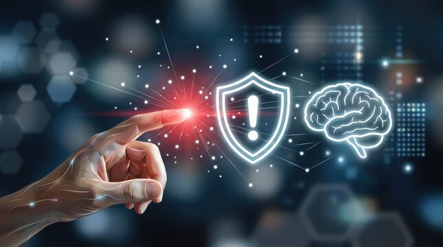 Hand touching cyber security symbol. Protecting brain with shield.