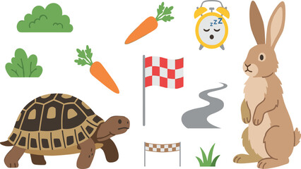 Obraz premium Flat vector design of classic tortoise and hare story elements with turtle rabbit racing track and carrots