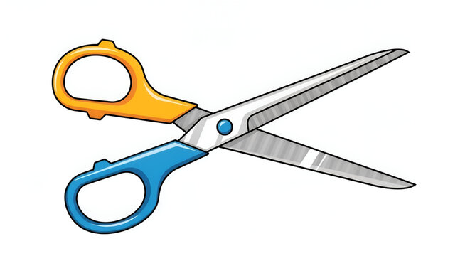 Cartoon illustration of open scissors with blue and orange handles on a white background