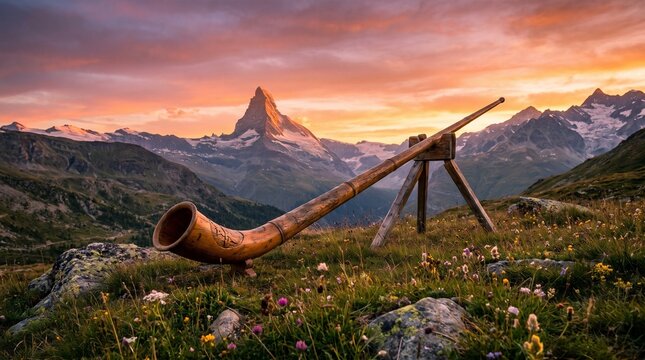 Traditional Swiss alphorn resting on mountain hillside during sunset
