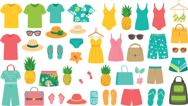 Tropical Summer Wardrobe and Beach Outfit Vector Collection featuring Swimwear, Dresses, T-shirts, Casual Shorts, Sunglasses, Sun Hats, and Travel Accessories for Holiday Graphic Design