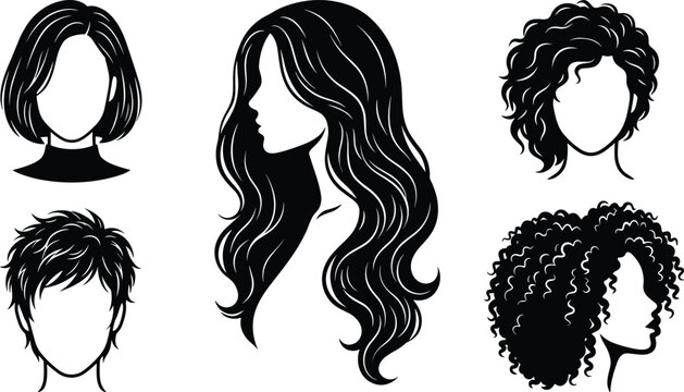 Women Hairstyle Silhouette Set with Long Wavy Short Bob Curly Afro and Pixie Cut Models for Beauty Salon Logos and Fashion Graphic Designs