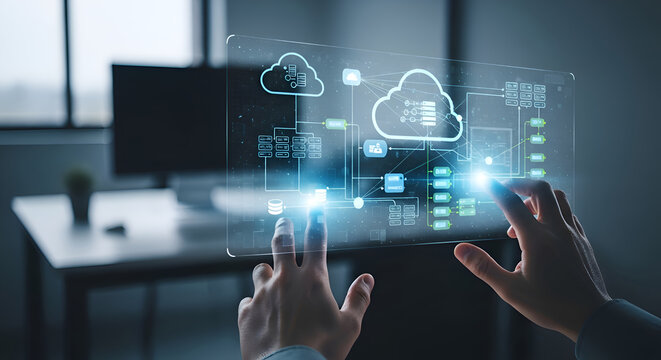 Futuristic technology interface displaying cloud computing network diagram with hands interacting
