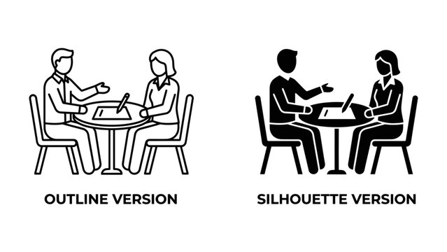Interview in progress: Two professionals seated at a table, one interviewing the other, symbolizing a job interview, consultation, or meeting. They are shown in both outline and silhouette versions.