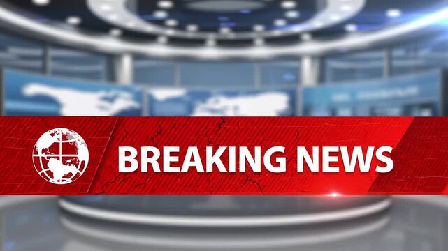 A modern television news studio background featuring a bold red "BREAKING NEWS" banner with a globe icon, designed as a broadcast lower-third graphic for live news, television, and digital media produ