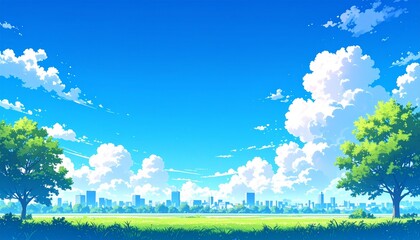Fototapeta premium Anime Style Summer Landscape with Towering Cumulus Clouds Above a Green Meadow and Distant City