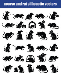 Obraz premium Set of black mouse and rat silhouette vectors