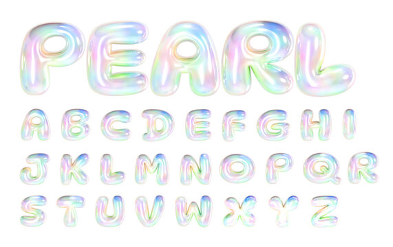 3D Iridescent Alphabet Set, Cute Pearlescent Pearl Bubble Letters, Holographic Glossy Font Isolated on Transparent Background