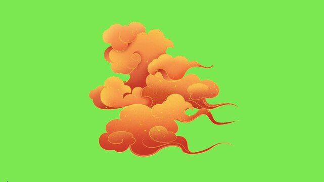 Traditional Oriental Stylized Orange Clouds Illustration on Green Background for Creative Design
