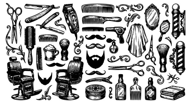 Vintage Hand Drawn Barber Salon Illustration with Haircut Tools and Classic Grooming Elements