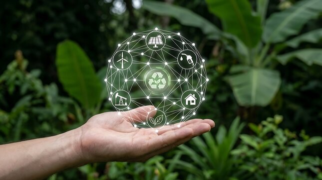 Hand holding glowing sustainable energy network icon showing renewable power solutions