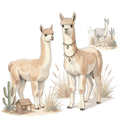 Obraz premium Two Alpacas Standing in Desert Landscape with Cactus and Small House
