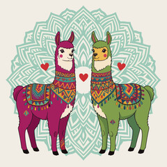 Obraz premium Two Colorful Alpacas Standing Side by Side Against Mandala Background