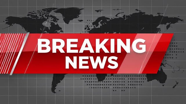 A modern Breaking News broadcast banner animation featuring bold white typography on layered red geometric panels over a world map background, designed for television news, live broadcasts,