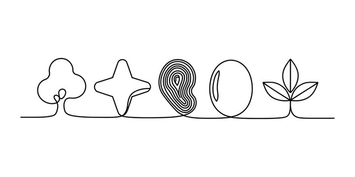 Continuous single line art drawing of various nature symbols including tree star fingerprint circle and plant sprout Vector, illustration