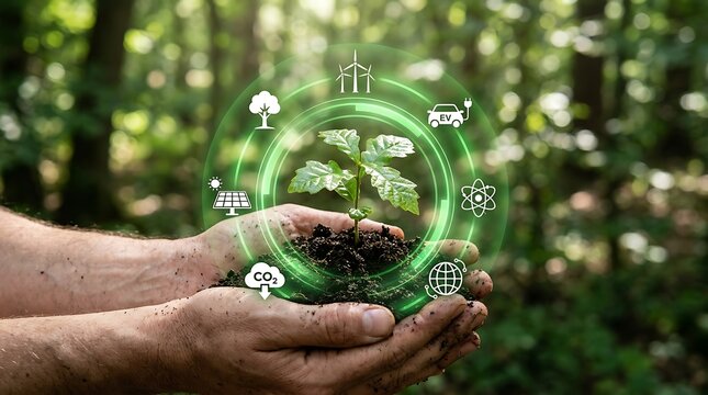 Hands holding a green plant seedling with digital sustainable energy icons in forest