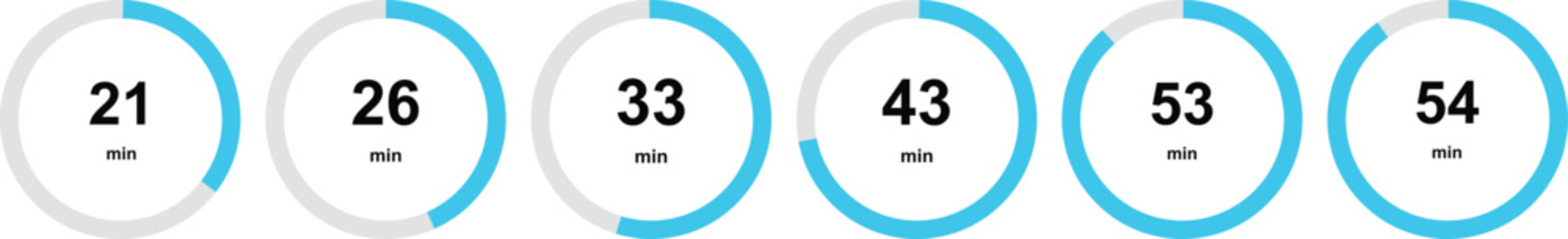 Minimalist circular progress bar set, blue data visualization charts, 6 loading ring icons for business dashboard UI, vector infographic elements