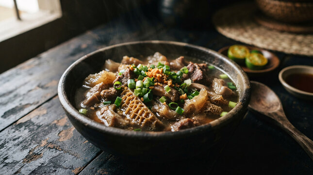 Hot beef and tripe soup topped with chopped scallions and crispy garlic in a dark ceramic bowl on a rustic wooden table.