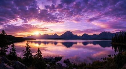 Obraz premium Vibrant Mountain Lake Reflecting Colorful Sunset Sky in Wilderness Landscape