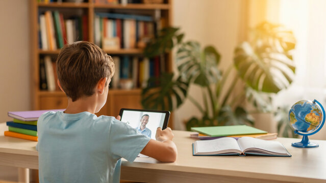 Boy video calling teacher on tablet at desk with books and globe, soft window light, ideal for education, online learning and remote communication