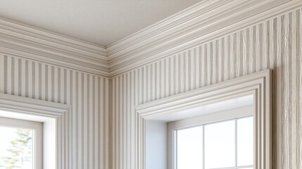 Fototapeta premium White ceiling molding meets a PVC window over striped wood wallpaper in this clean, empty corner shot.