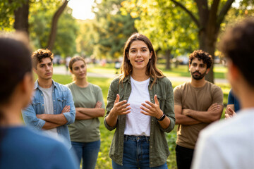 Obraz premium Young woman leading discussion with group in park outdoors