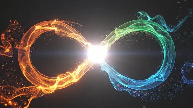 A glowing infinity symbol formed by swirling particles of fire and ice against a dark background