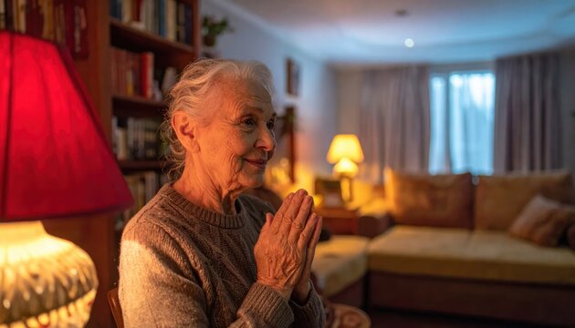 Elderly woman praying with clasped hands in a cozy, lamp-lit living room, conveying peace and devotion.
