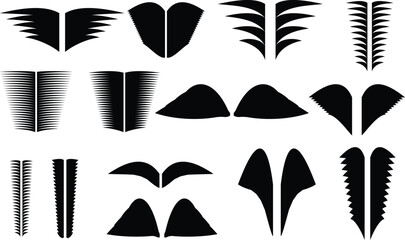 Tribal wing silhouettes and abstract feather shapes, black graphic wing icons set, sharp decorative wing elements for logo design and tattoo art © monasa
