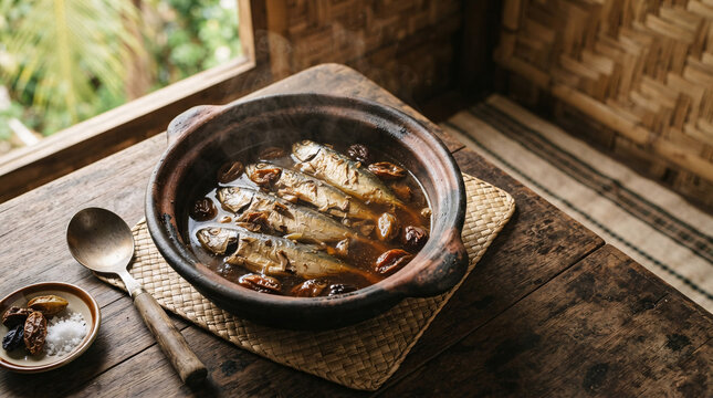 Small whole fish braised in a dark aromatic sauce with dried fruit and spices in a steaming rustic clay pot.
