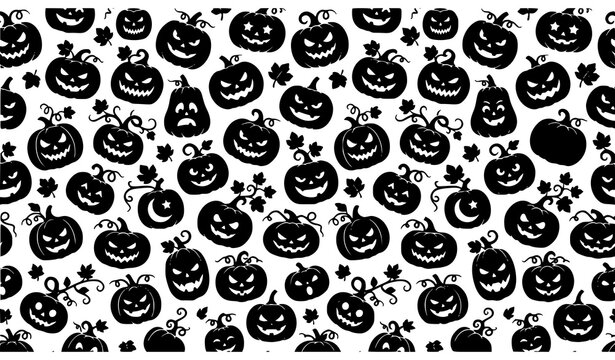 Halloween Pumpkin Seamless Pattern with Jack O Lantern Faces Autumn Leaves Spooky Holiday Background Vector Illustration Design