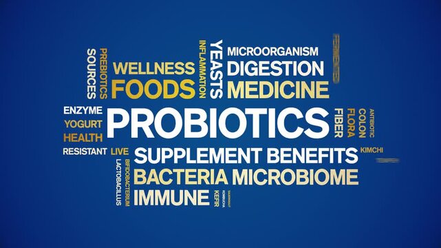 Probiotics animated word cloud-animation tag kinetic typography seamless loop.
