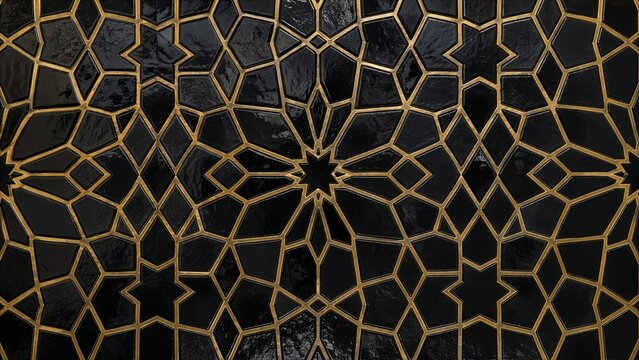Luxury Black Moroccan Zellige Tile Wall with Gold Geometric Pattern