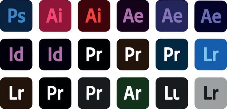 Vector cartoon set of Adobe Creative Cloud software application icons including Photoshop Illustrator and Premiere Pro isolated