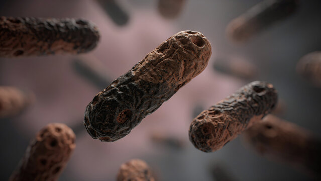 Close-up 3D rendering of rod-shaped bacteria with rough, textured surfaces and a dark, diffused background, ideal for medical research, science education and health campaigns