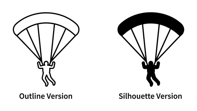Parachutist Icons: Two distinct illustrations of a parachutist, one in an outline style and the other as a solid silhouette, showcasing the sport of skydiving.
