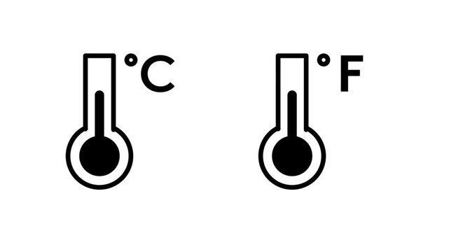 Minimal black and white thermometer icon design showing celsius and fahrenheit temperature scale comparison for professional creative use today for de