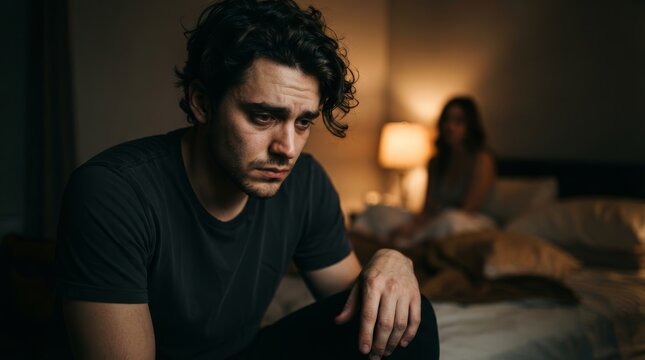 A man experiencing erectile dysfunction and decreased sexual desire sits near a woman in a dark room.