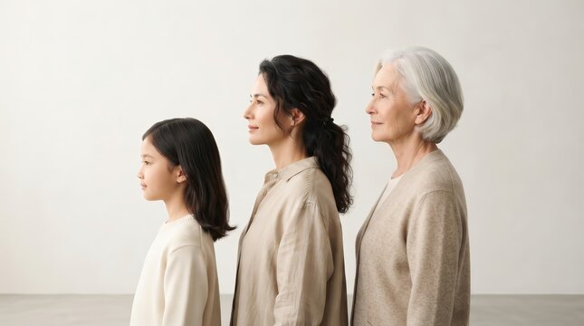 A side profile showing the temporal flow of aging from childhood to senior age.