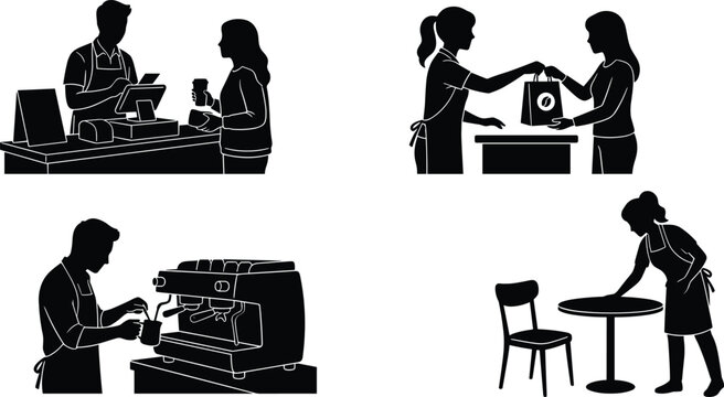 Coffee Shop Service Silhouette Set with Barista Taking Order Cashier Handing Paper Bag Espresso Machine Brewing and Waitress Cleaning Table Scenes