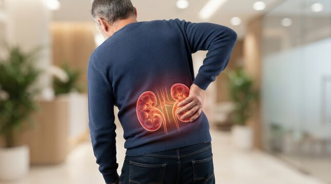 A man suffering from kidney function issues and chronic back pain or body ache.