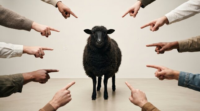 Multiple hands of diverse people pointing fingers at a single black sheep in an accusatory gesture.